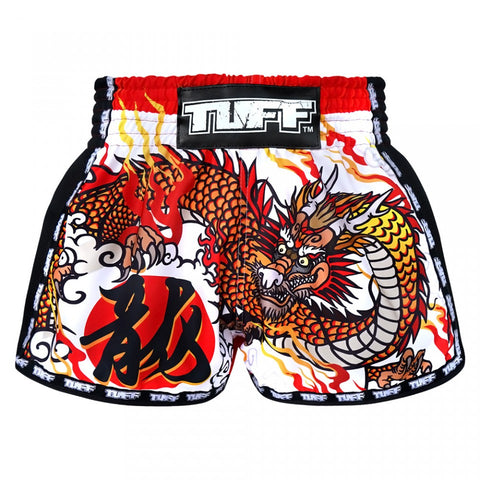 TUFF Retro White Chinese Dragon Muay Thai Shorts